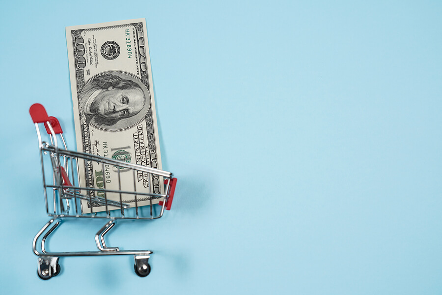 Us Dollars In Shopping Cart Over Blu Background ,dollar Bill Col