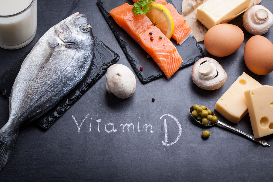 vitamin d - fish- eggs - milk - cheese - board